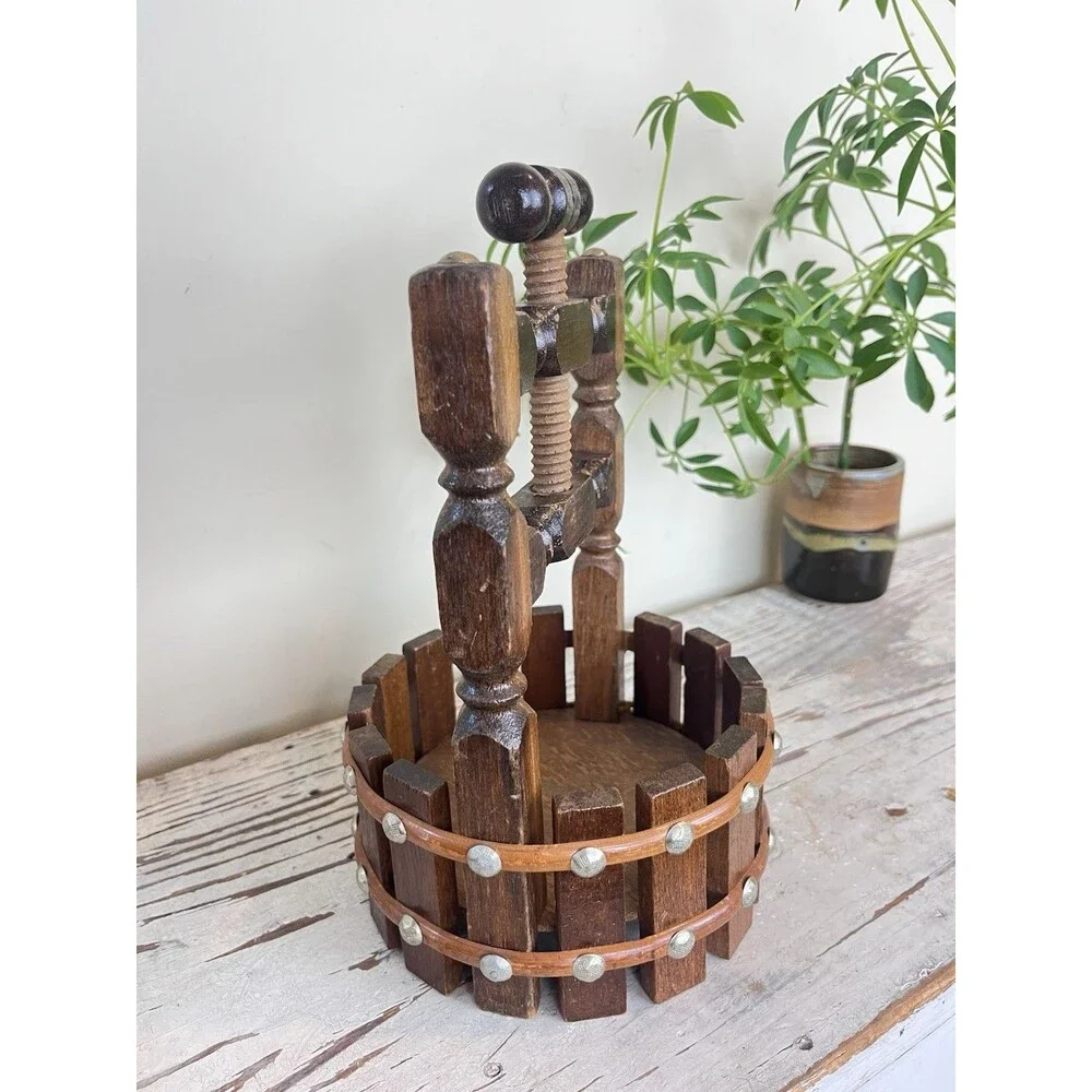 Vintage Wooden Wishing Well Nut Cracker Basket Bowl Hand Crank Cottage Charm